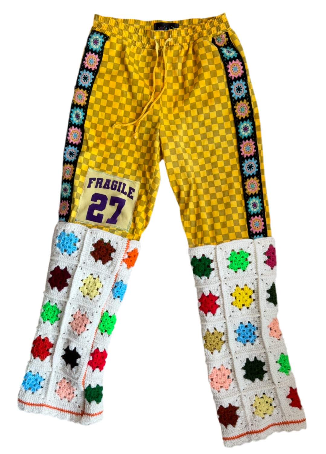 FRAGILE 27 CHECKERED CROCHET JOGGERS—NYFW