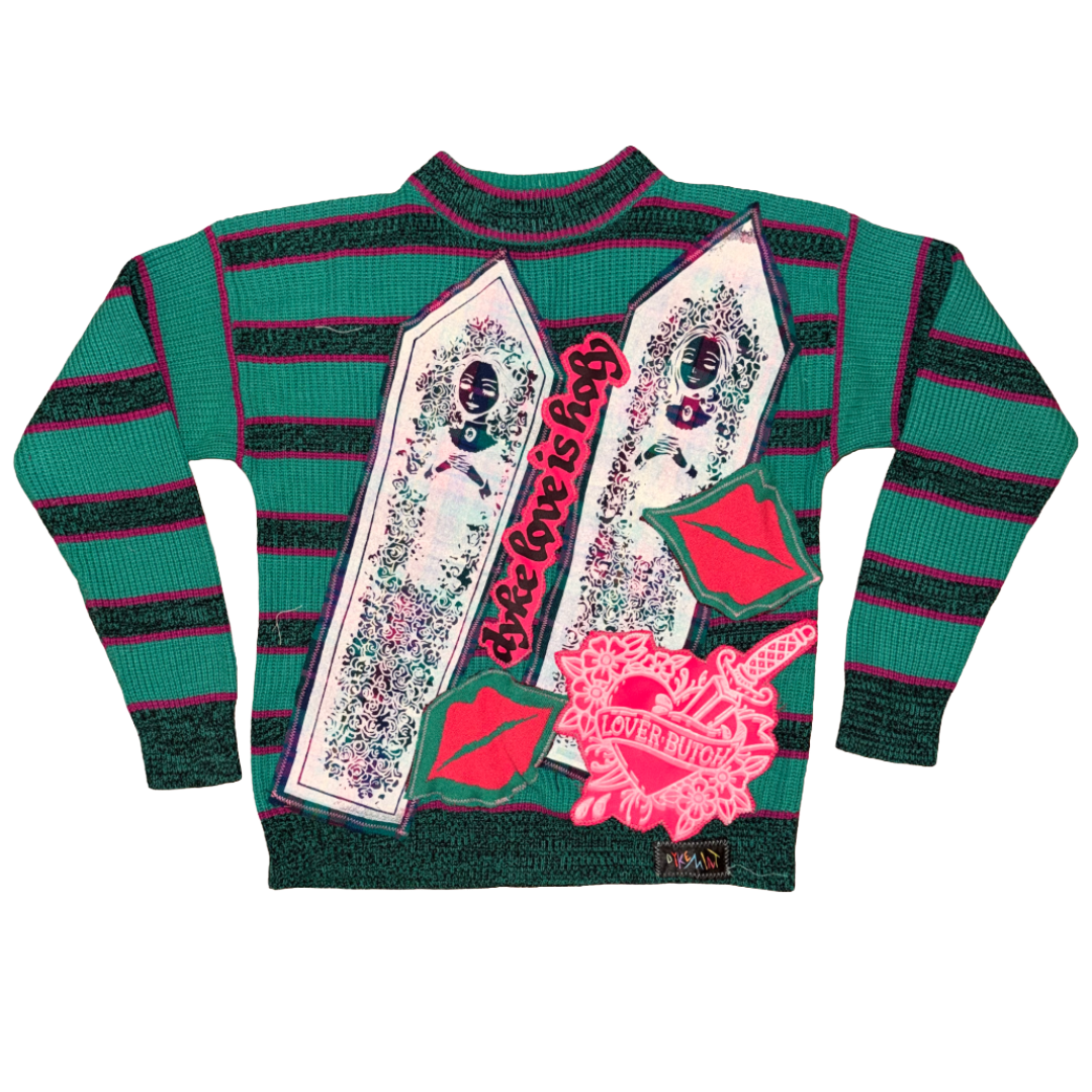 COFFIN CUTIES — TEAL & FUSCHIA KISSY SWEATER