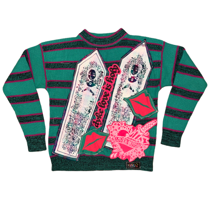 COFFIN CUTIES — TEAL & FUSCHIA KISSY SWEATER