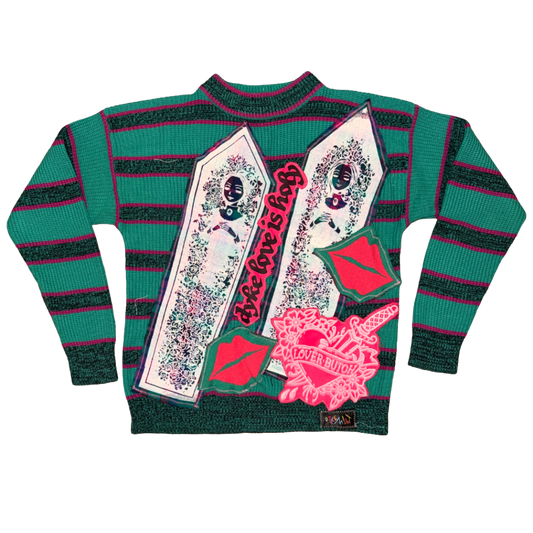 COFFIN CUTIES — TEAL & FUSCHIA KISSY SWEATER